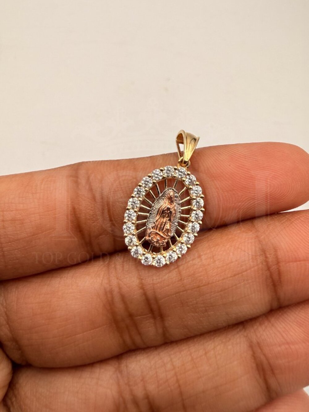 14K Tri Color Gold cubic zirconia Our Lady of Guadalupe Pendant